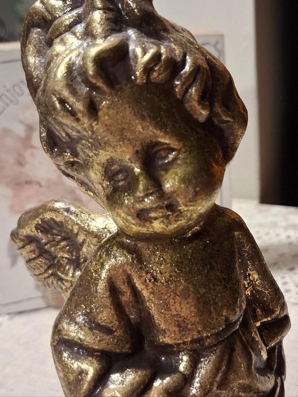 VTG Angel Cherub Figurine Statue Molded Plaster/Resin Gold Gilt Christmas Decor